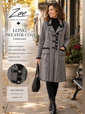 Zoe Made in Canada Long Sweater Coat Cardigan | Faux Leather Trim | Toggle Front